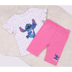 Disney Stitch Biało-różowy, bawełniany komplet niemowlęcy w kropki, koszulka+ spodenki