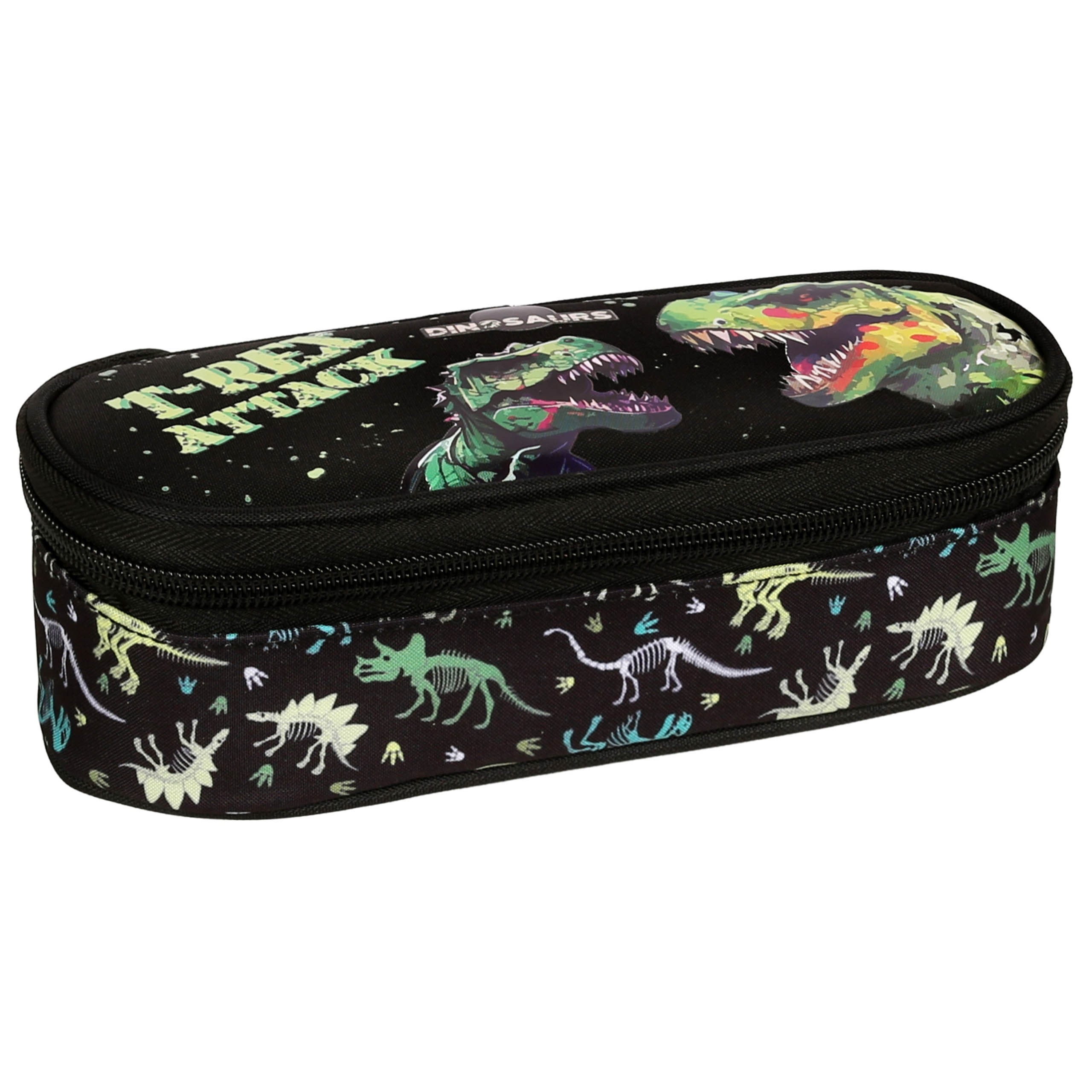 DINOZAURY Czarny, KOMOROWY piórnik szkolny dla chłopca, saszetka NA PRZYBORY do szkoły  5x21x9cm