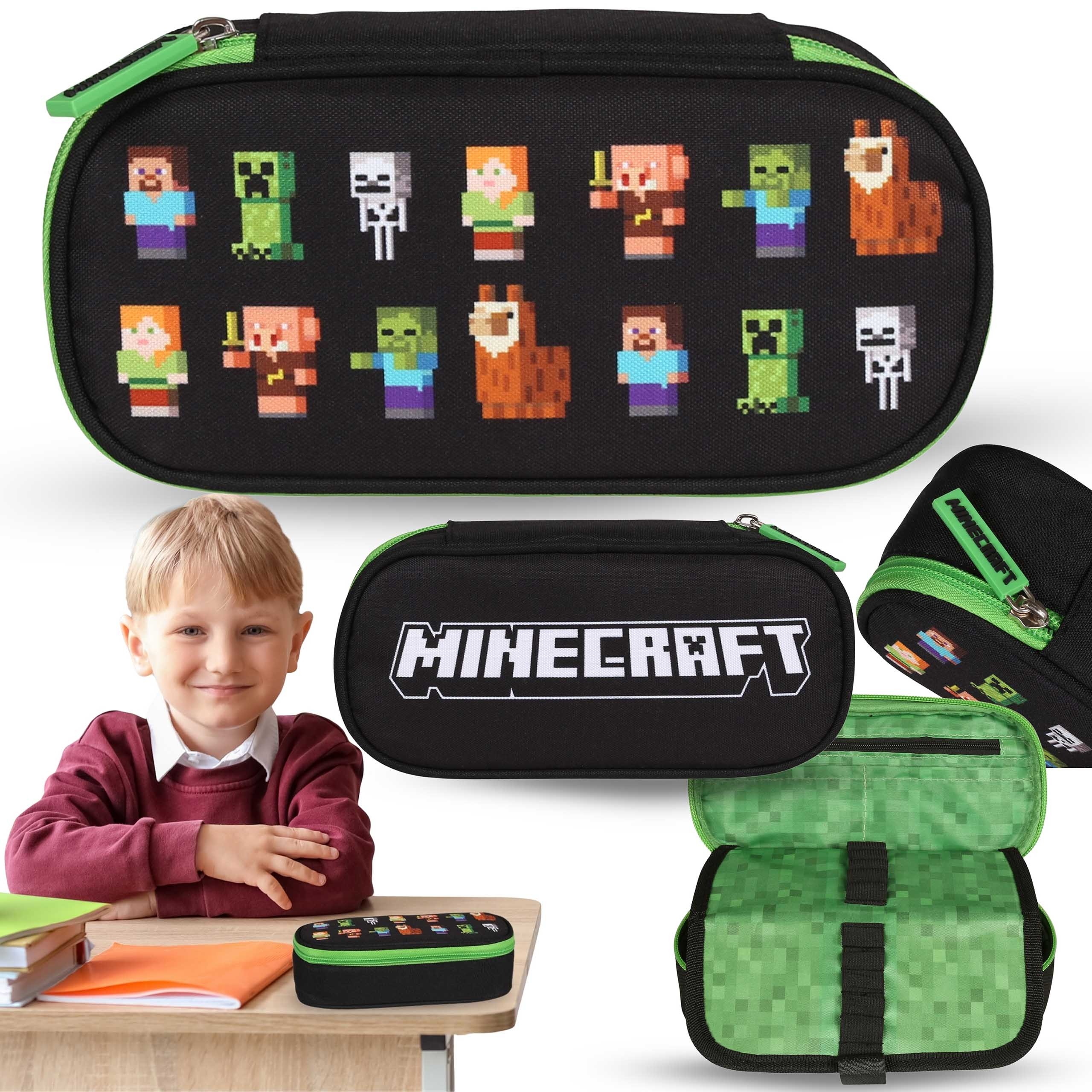 Minecraft Czarny KOMOROWY piórnik szkolny DLA GRACZA, saszetka OWAL dla chłopca 5x21x10cm