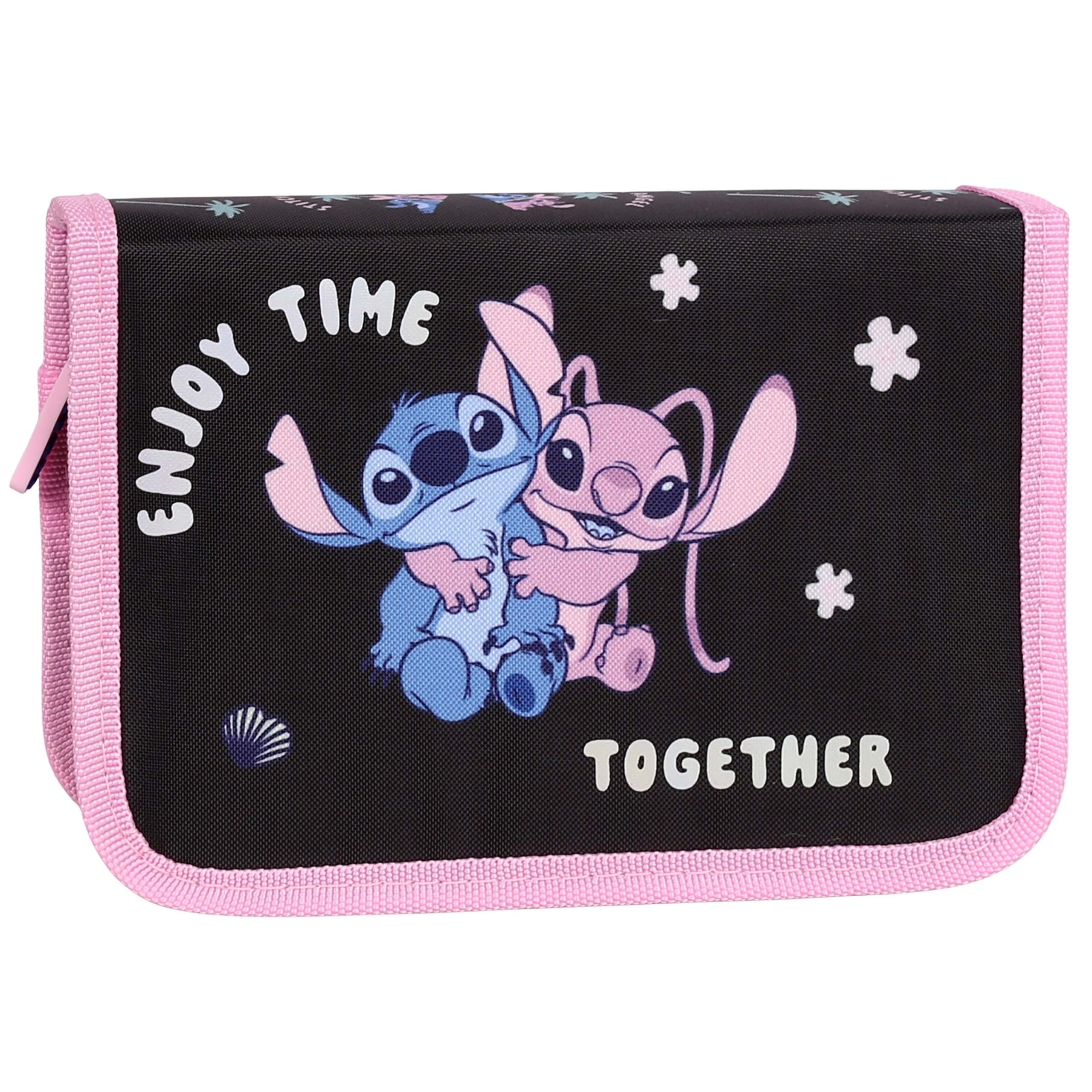 DISNEY Stitch Czarno-różowy piórnik dwuklapowy bez wyposażenia, ROZKŁADANY piórnik szkolny dla dziewczynki
