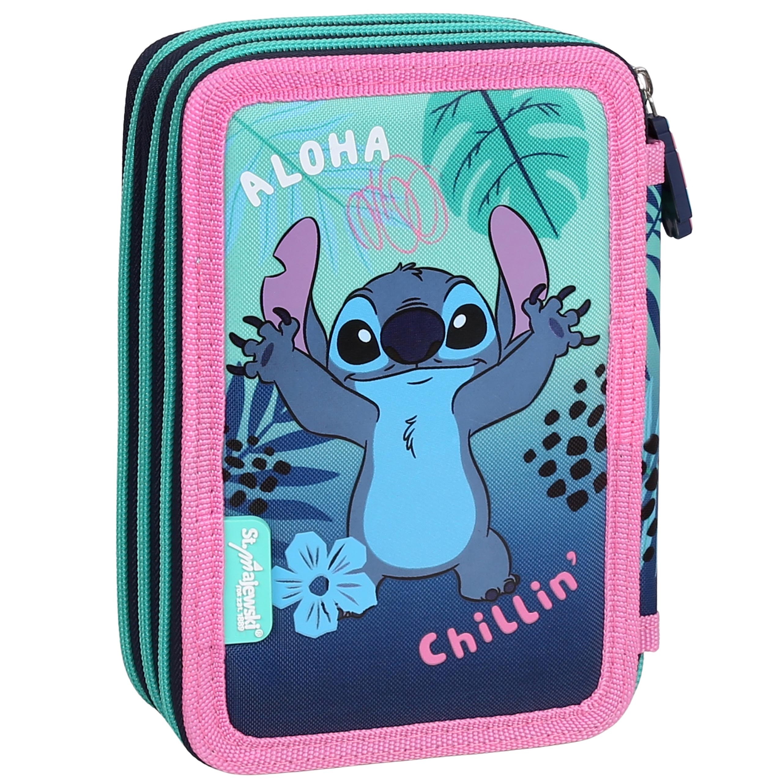 DISNEY Stitch Dziecięcy piórnik trzykomorowy z wyposażeniem-43 elementy, 3 zamki 12,5 x 19,5 x 6,5 cm