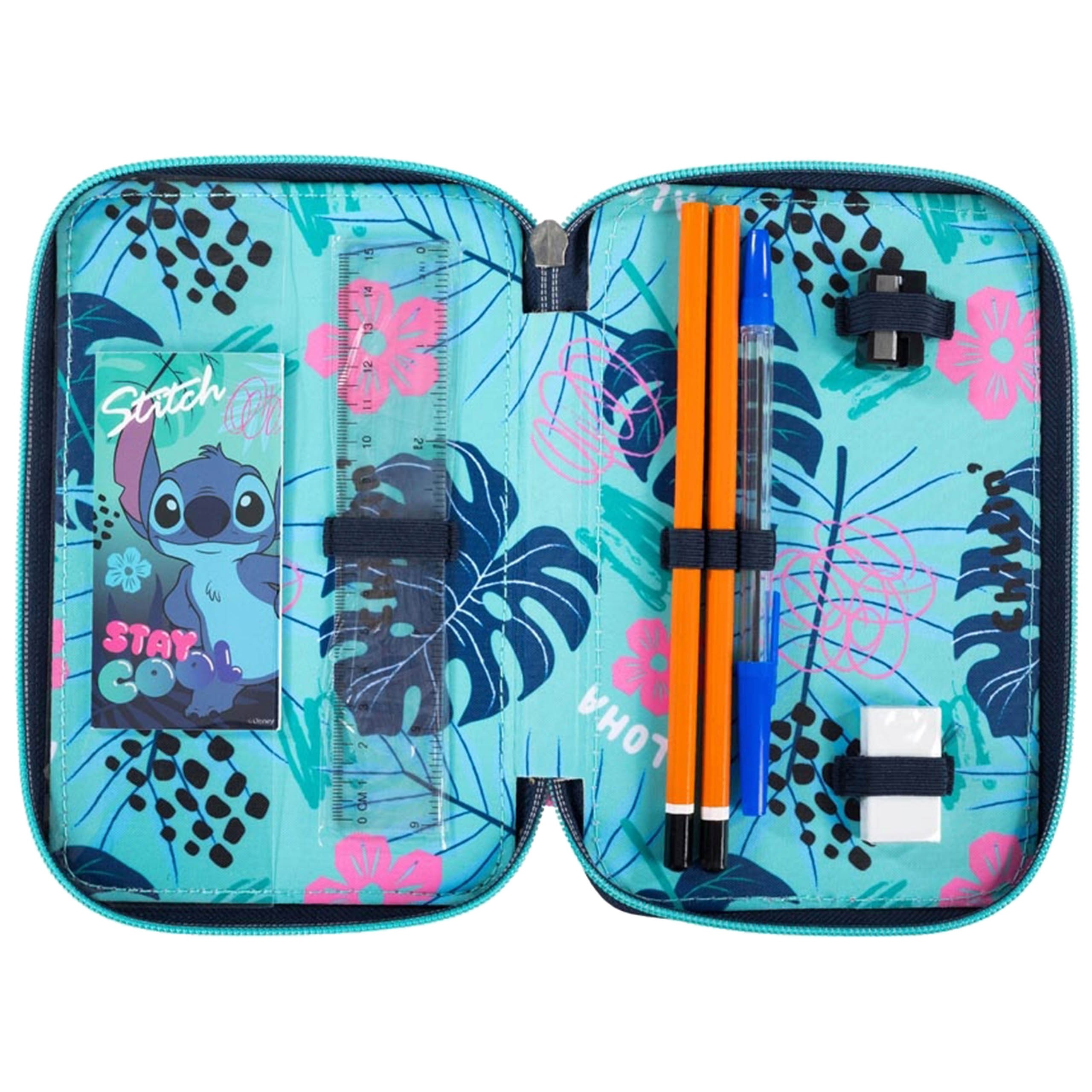 DISNEY Stitch Dziecięcy piórnik trzykomorowy z wyposażeniem-43 elementy, 3 zamki 12,5 x 19,5 x 6,5 cm