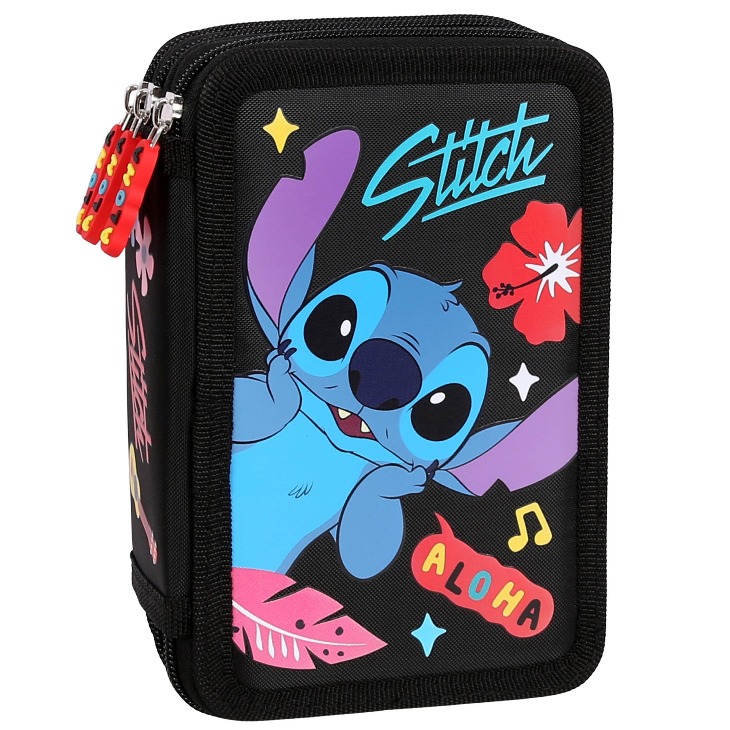 DISNEY Stitch ALOHA Czarny piórnik trzykomorowy z wyposażeniem-43 elementy, 3 zamki 12,5 x 19,5 x 6,5 cm
