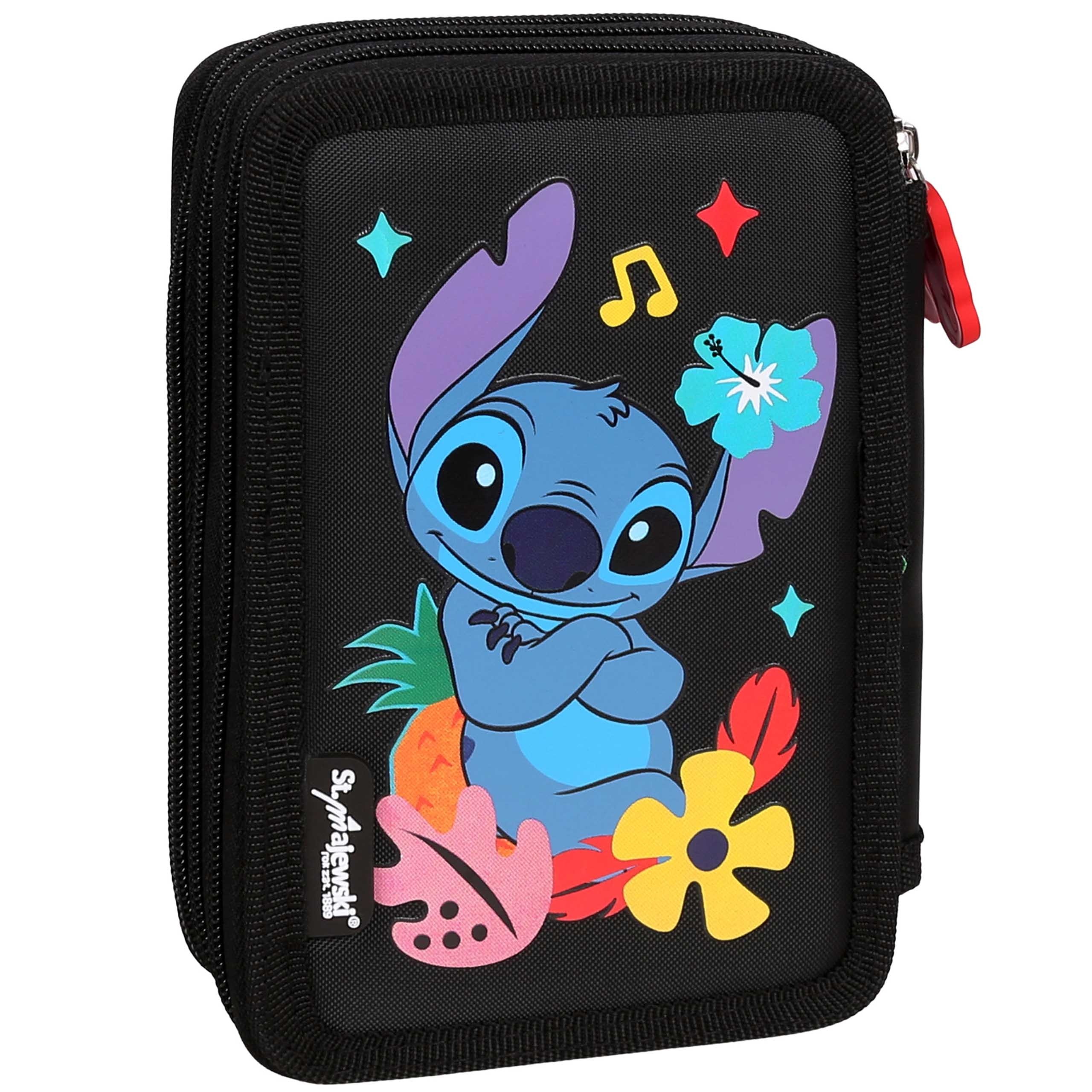 DISNEY Stitch ALOHA Czarny piórnik trzykomorowy z wyposażeniem-43 elementy, 3 zamki 12,5 x 19,5 x 6,5 cm