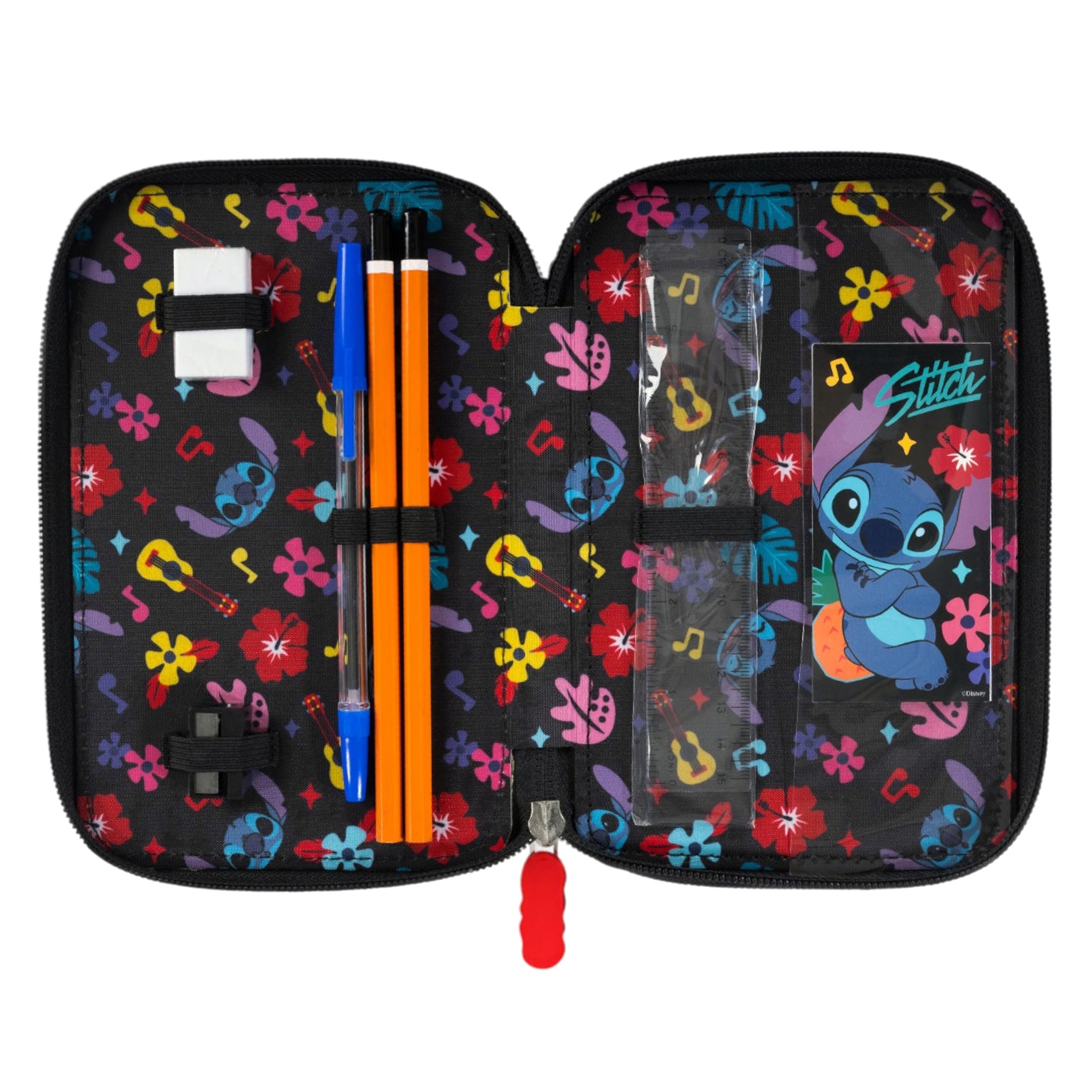 DISNEY Stitch ALOHA Czarny piórnik trzykomorowy z wyposażeniem-43 elementy, 3 zamki 12,5 x 19,5 x 6,5 cm