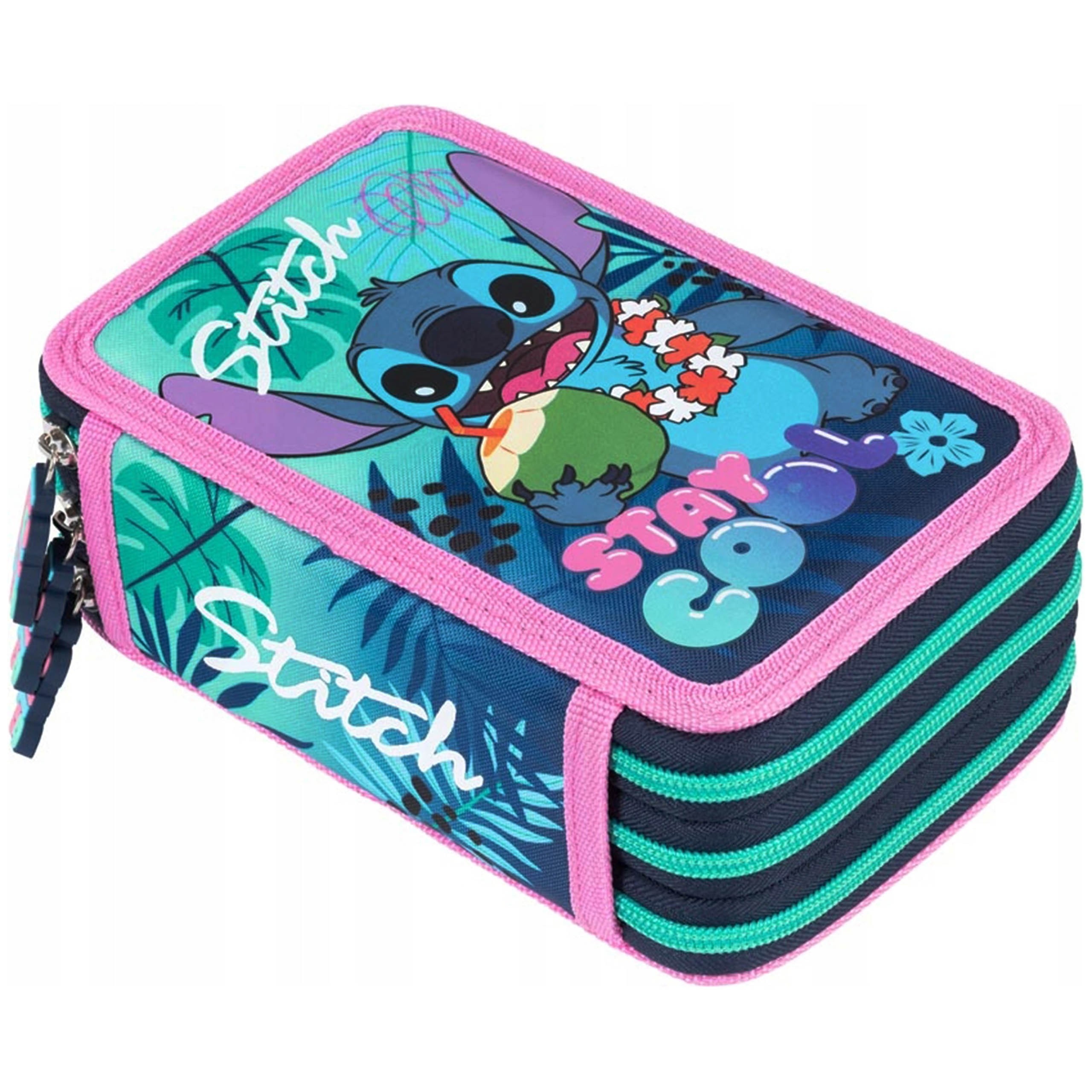 DISNEY Stitch Dziecięcy piórnik trzykomorowy z wyposażeniem-43 elementy, 3 zamki 12,5 x 19,5 x 6,5 cm