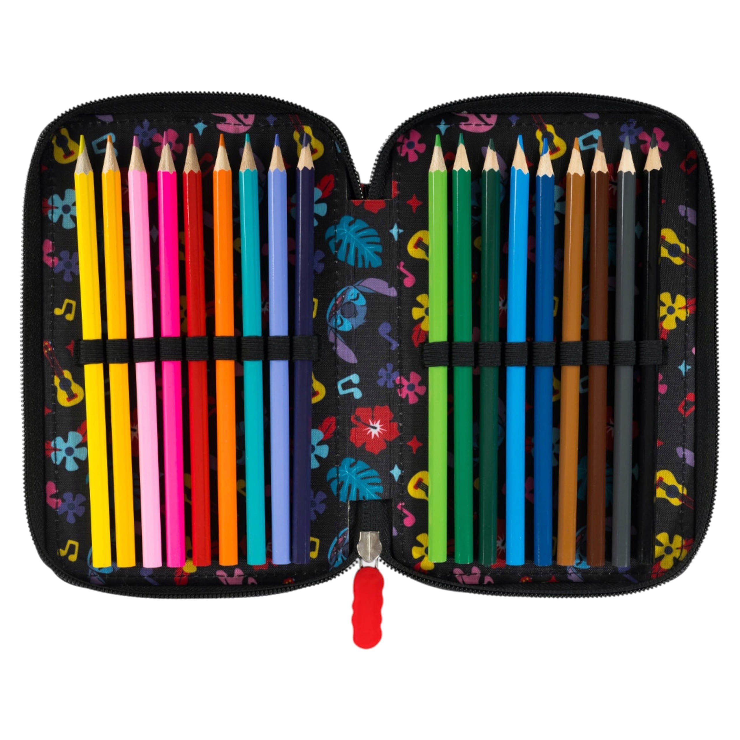 DISNEY Stitch ALOHA Czarny piórnik trzykomorowy z wyposażeniem-43 elementy, 3 zamki 12,5 x 19,5 x 6,5 cm