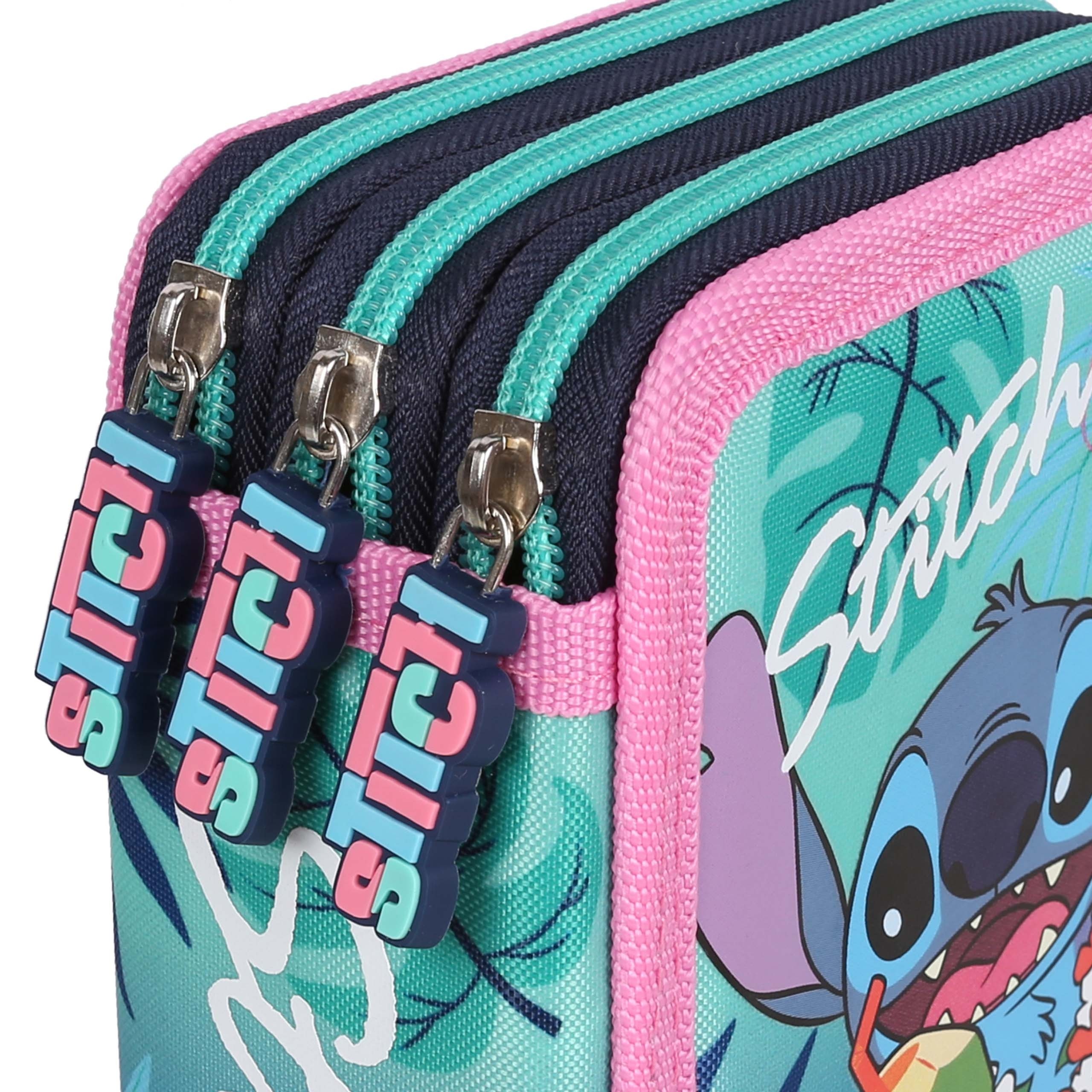 DISNEY Stitch Dziecięcy piórnik trzykomorowy z wyposażeniem-43 elementy, 3 zamki 12,5 x 19,5 x 6,5 cm
