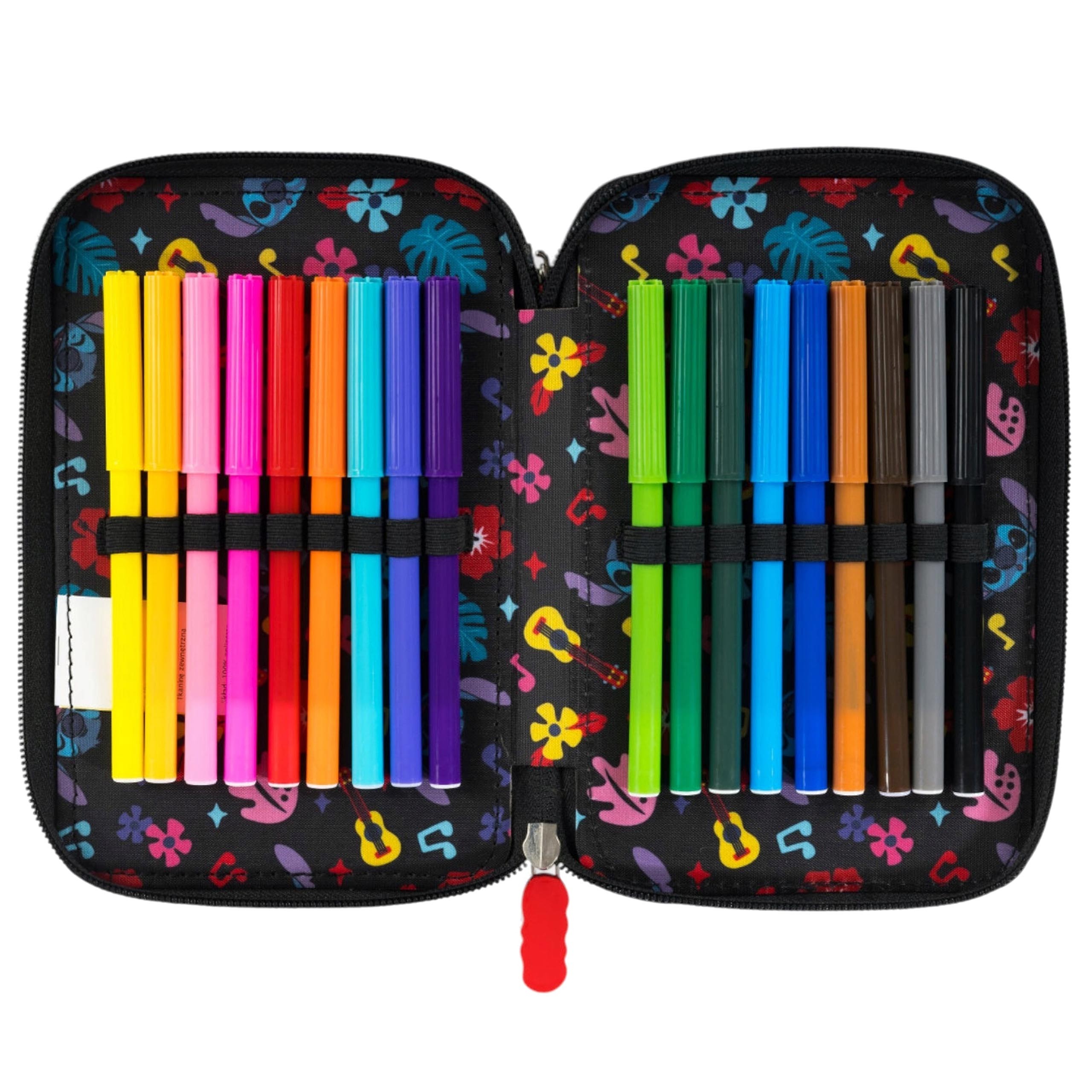 DISNEY Stitch ALOHA Czarny piórnik trzykomorowy z wyposażeniem-43 elementy, 3 zamki 12,5 x 19,5 x 6,5 cm