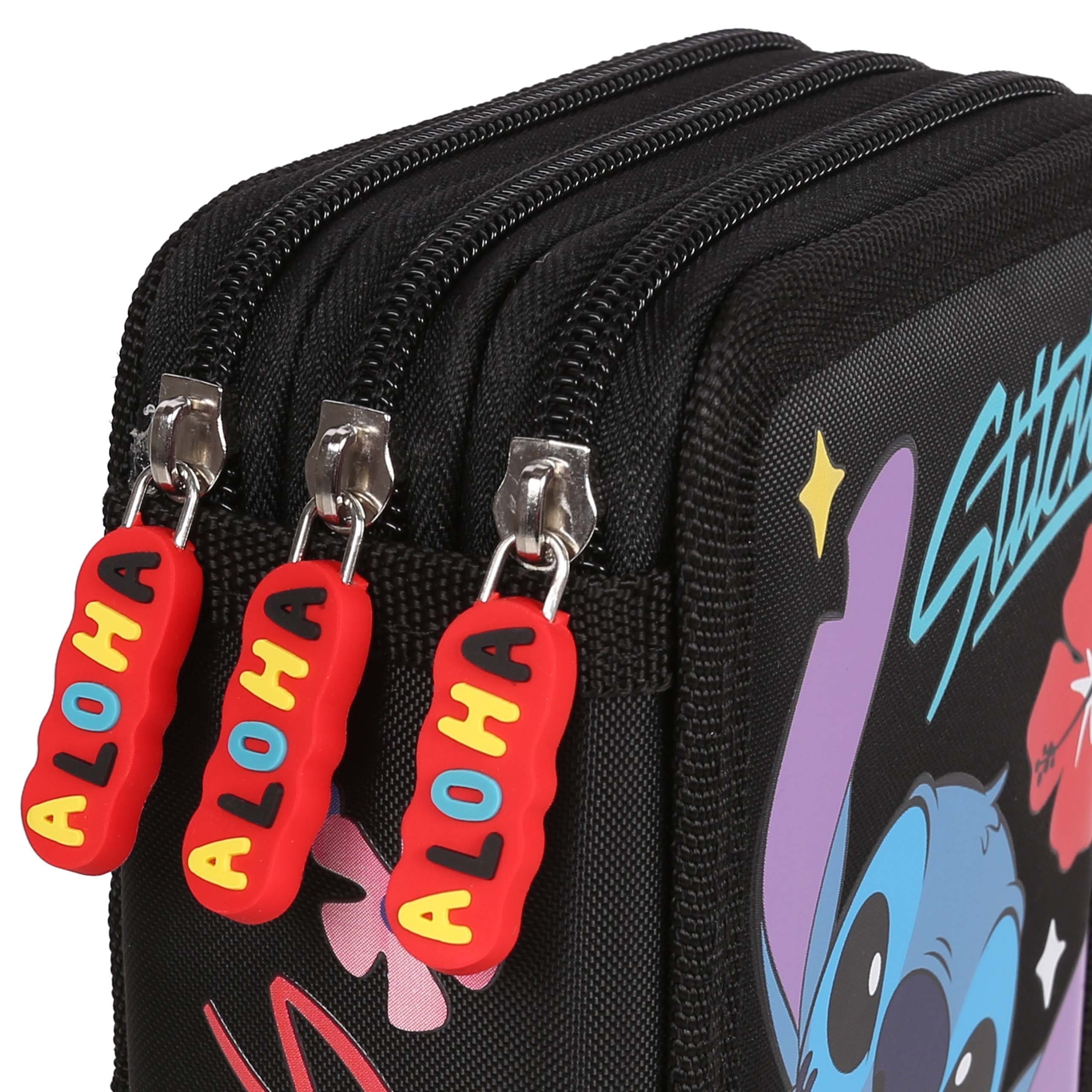 DISNEY Stitch ALOHA Czarny piórnik trzykomorowy z wyposażeniem-43 elementy, 3 zamki 12,5 x 19,5 x 6,5 cm