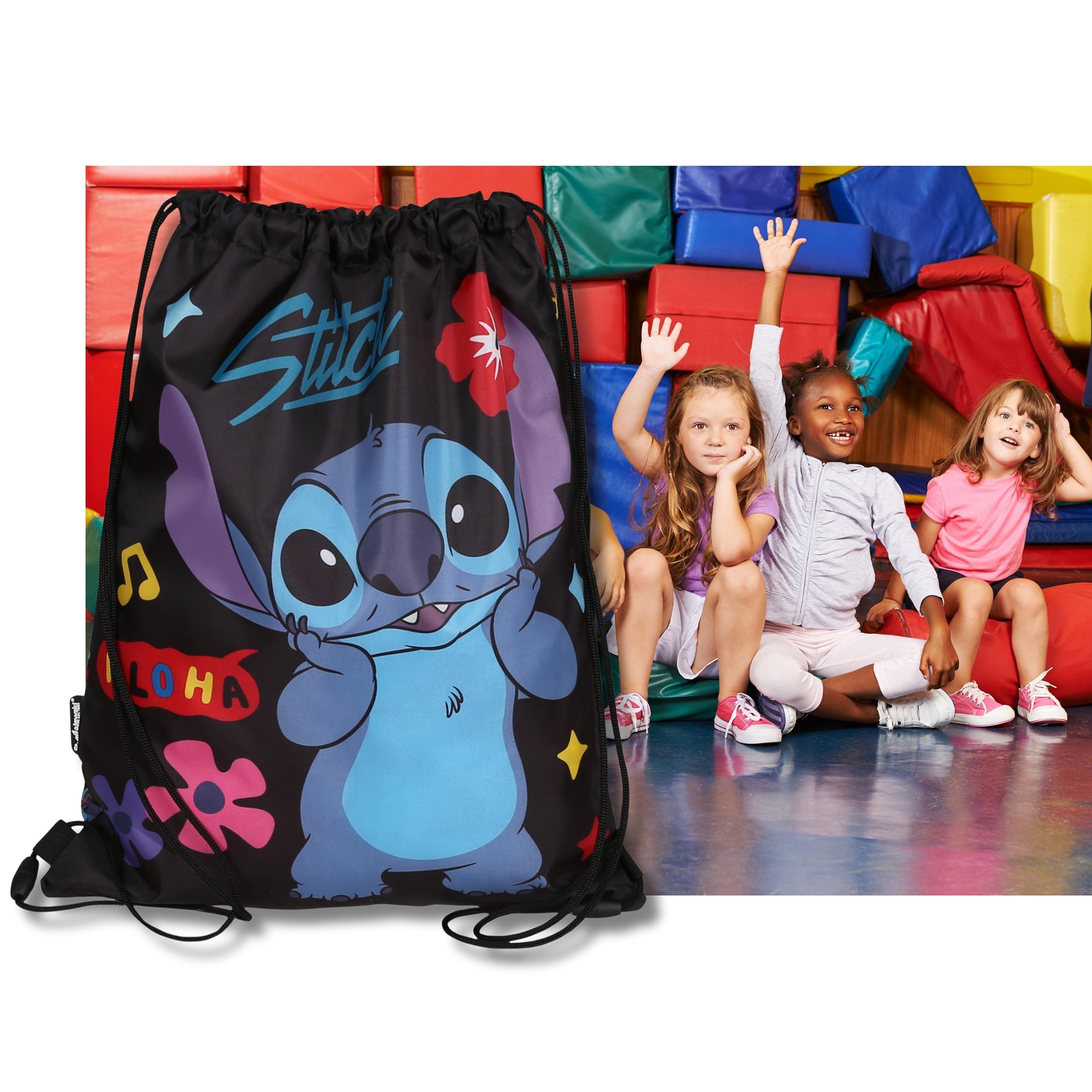 DISNEY Stitch ALOHA Dziecięcy, czarny worek na buty NA WF, worek szkolny na ramię dla dzieci Workoplecak 31x42 cm