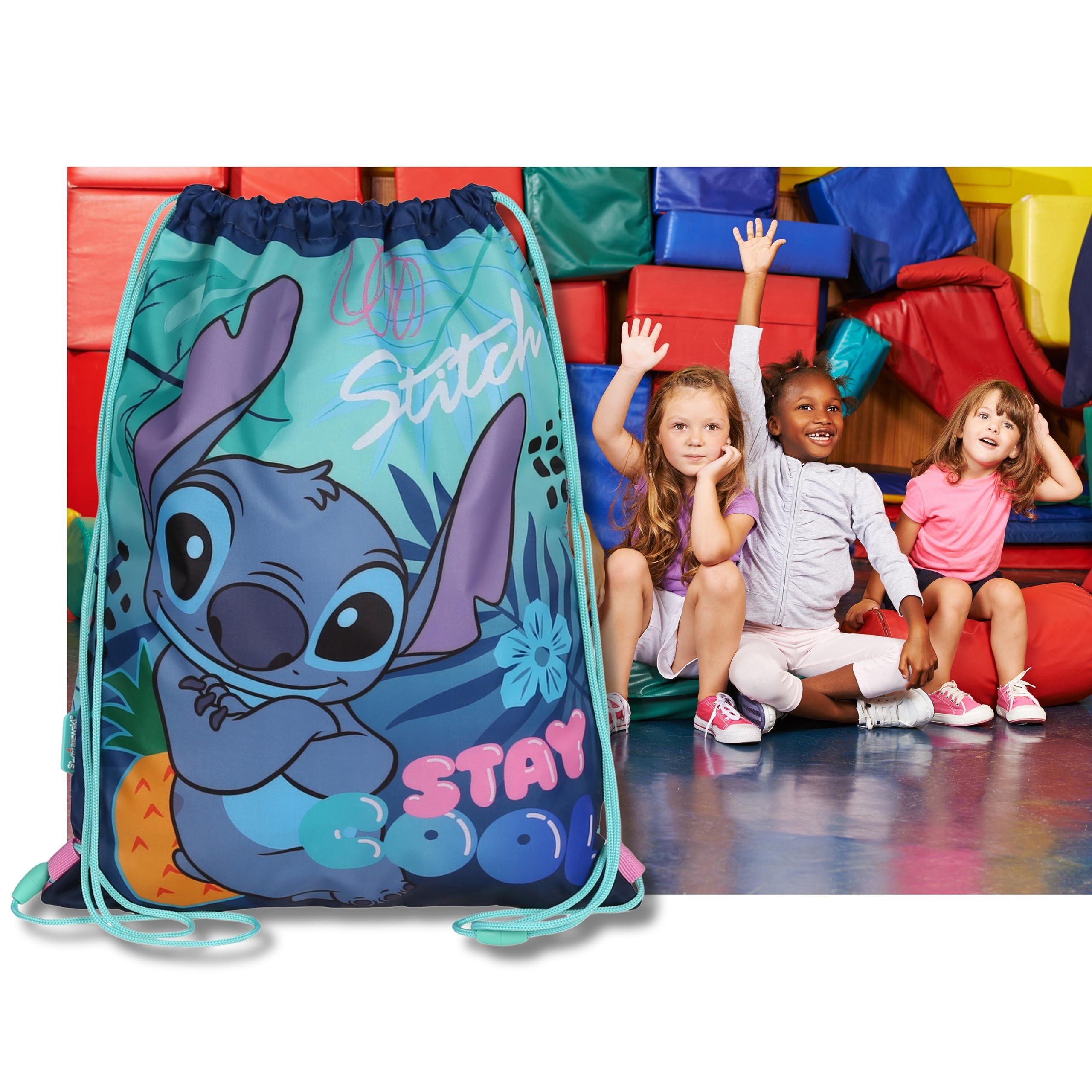 DISNEY Stitch Kolorowy, dziecięcy worek na buty NA WF, worek szkolny na ramię dla dzieci Workoplecak 31x42 cm