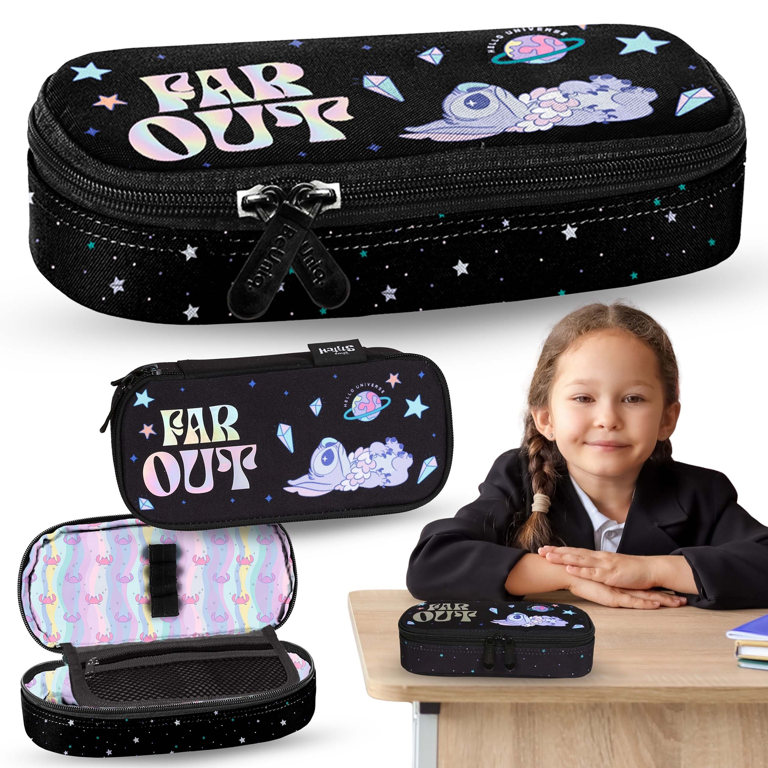 DISNEY Stitch Czarny KOMOROWY piórnik szkolny, owalna saszetka dla dziewczynki 5x22x10cm