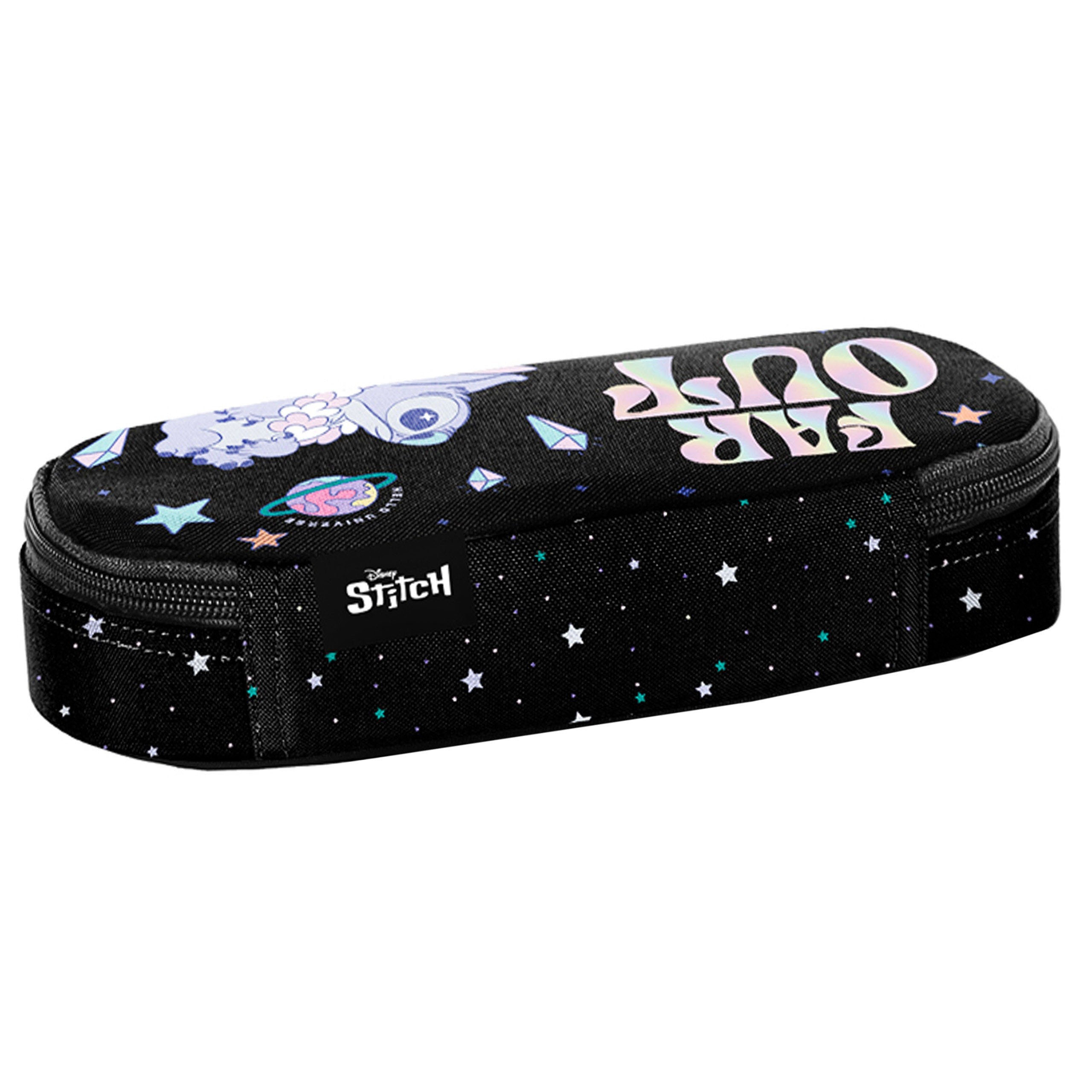 DISNEY Stitch Czarny KOMOROWY piórnik szkolny, owalna saszetka dla dziewczynki 5x22x10cm