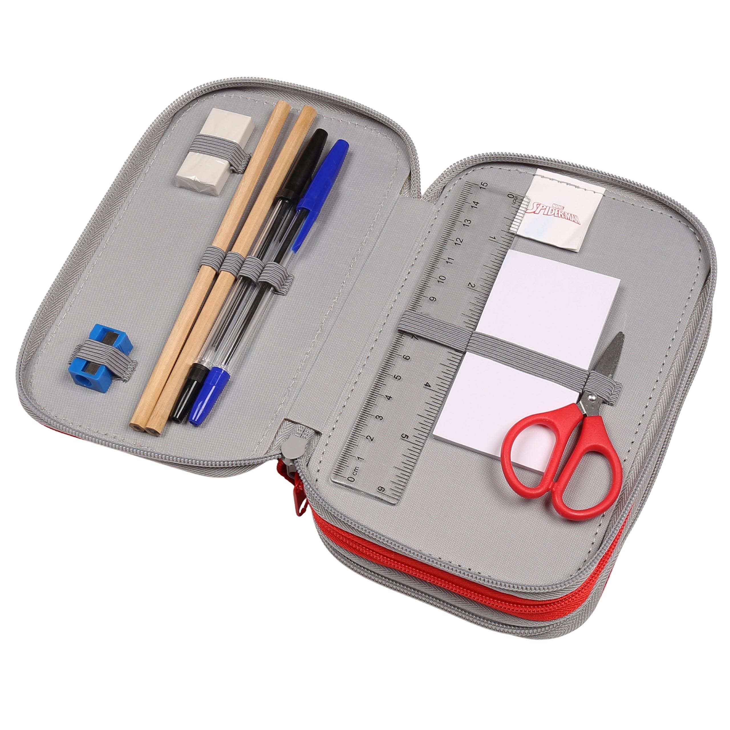 MARVEL Spider Man Piórnik trzykomorowy Z WYPOSAŻENIEM dla chłopca DO SZKOŁY - 45 elementów, 3 zamki