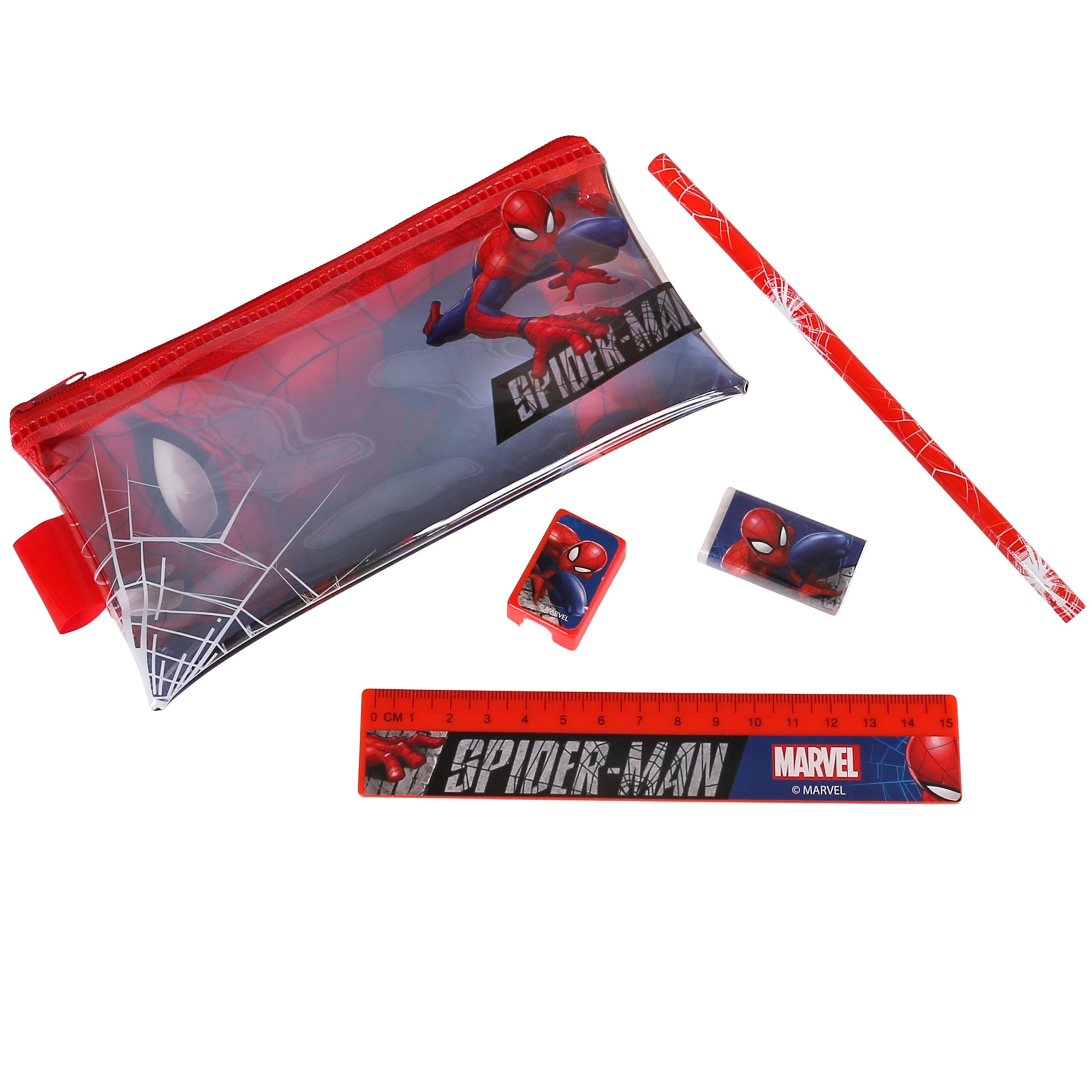 MARVEL Spider Man Transparentny PIÓRNIK na zamek Z WYPOSAŻENIEM, Saszetka dla chłopacy, ZESTAW SZKOLNY