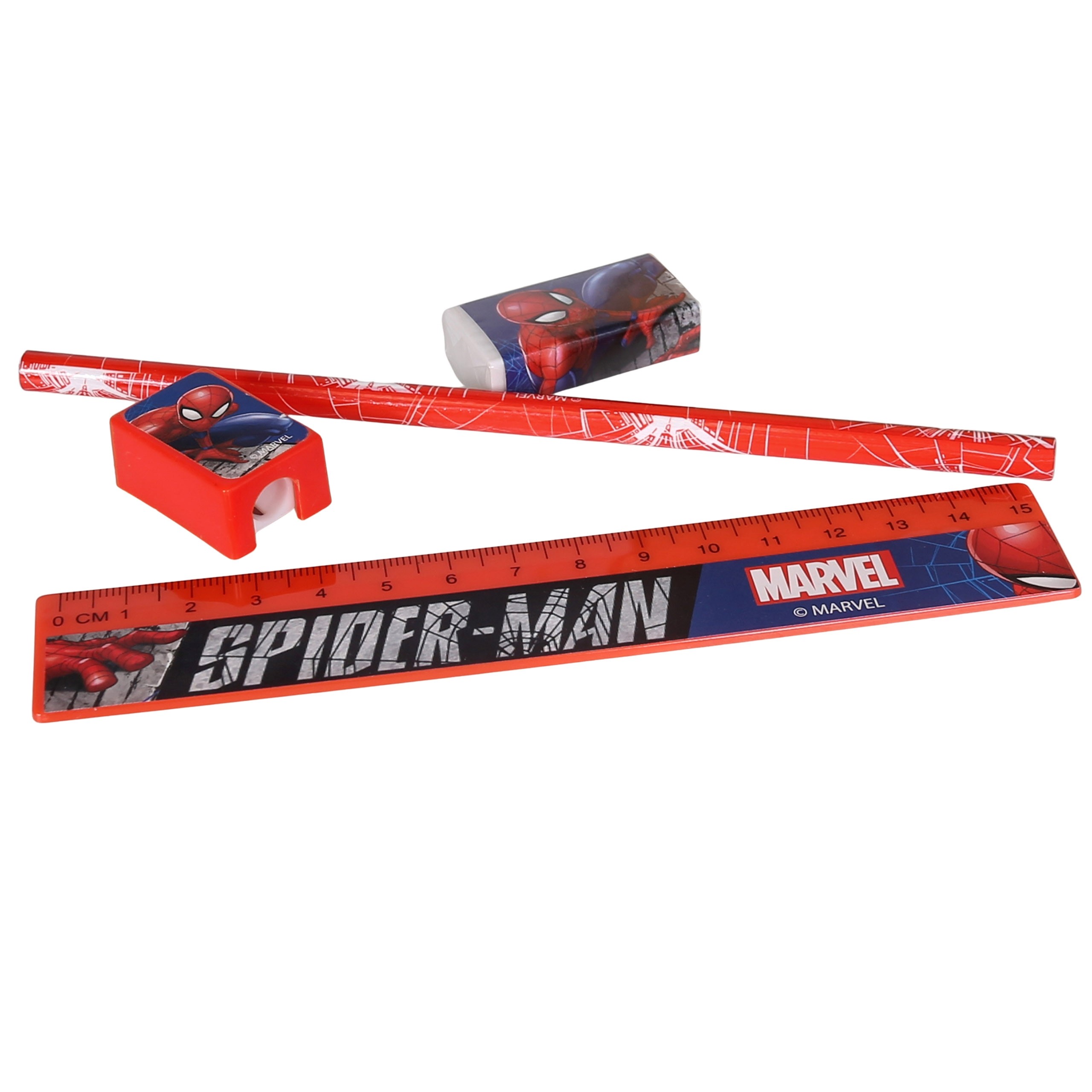 MARVEL Spider Man Transparentny PIÓRNIK na zamek Z WYPOSAŻENIEM, Saszetka dla chłopacy, ZESTAW SZKOLNY