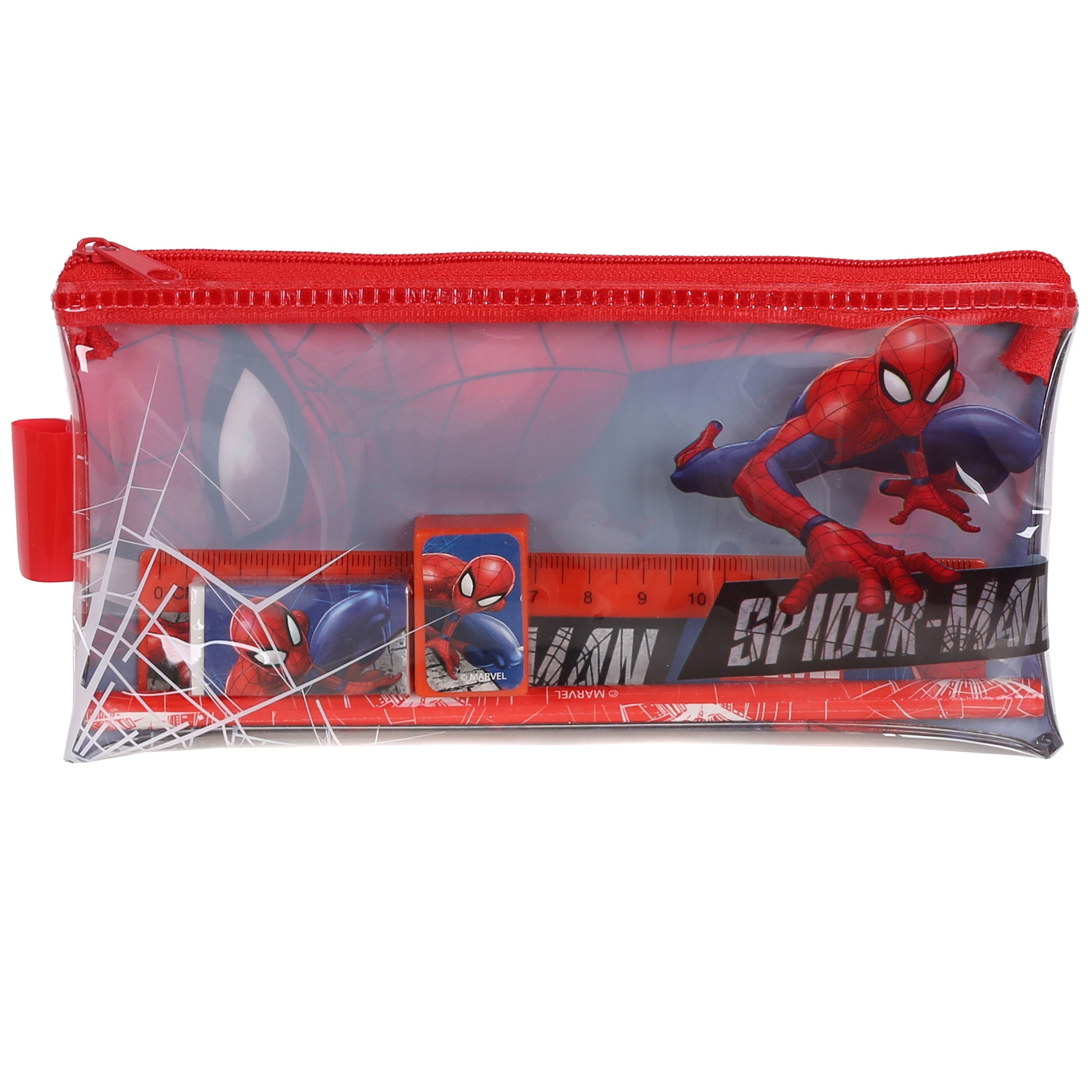 MARVEL Spider Man Transparentny PIÓRNIK na zamek Z WYPOSAŻENIEM, Saszetka dla chłopacy, ZESTAW SZKOLNY