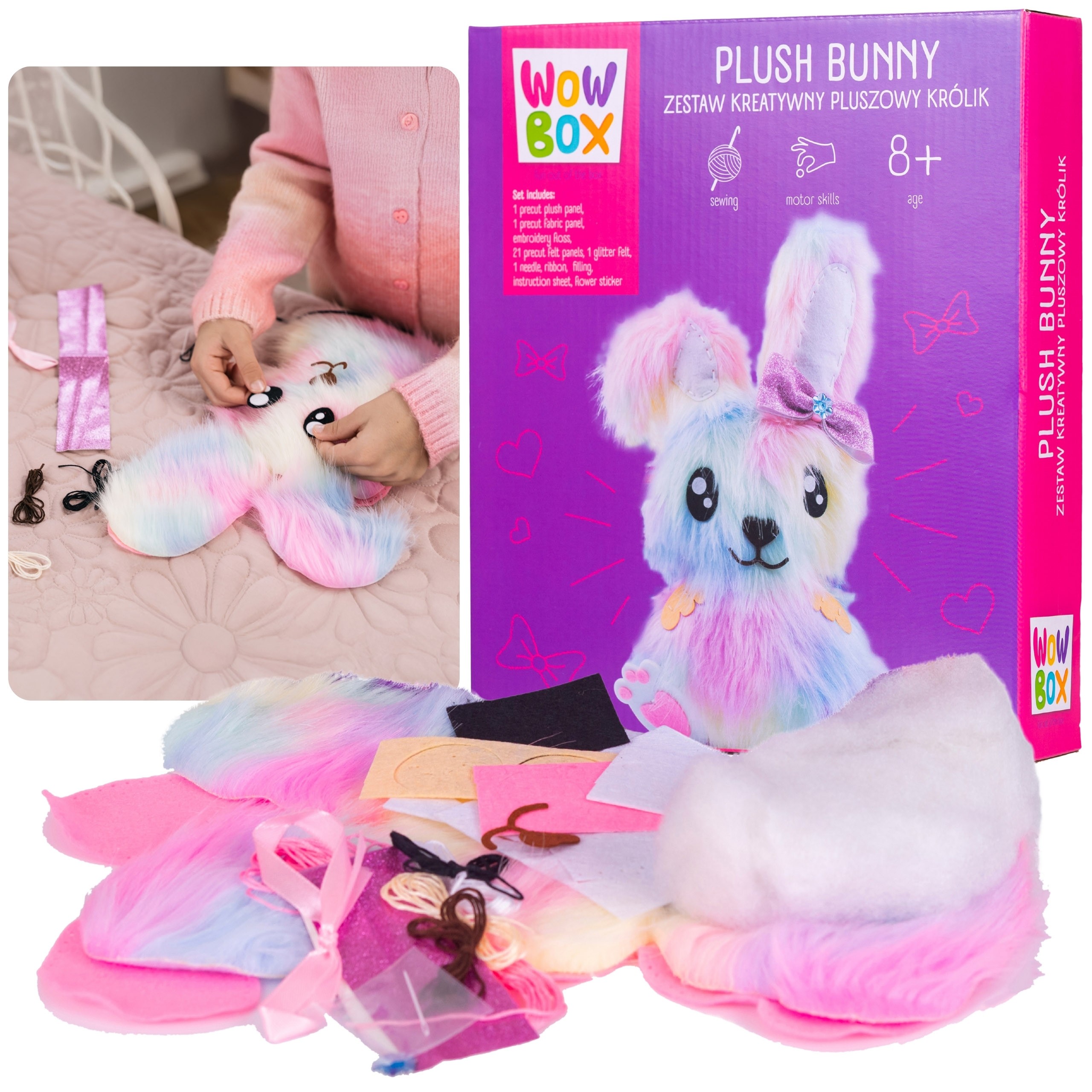 WOW Box- Zestaw kreatywny PLUSZOWY KRÓLIK do wyszywania DIY, maskotka do szycia 8+