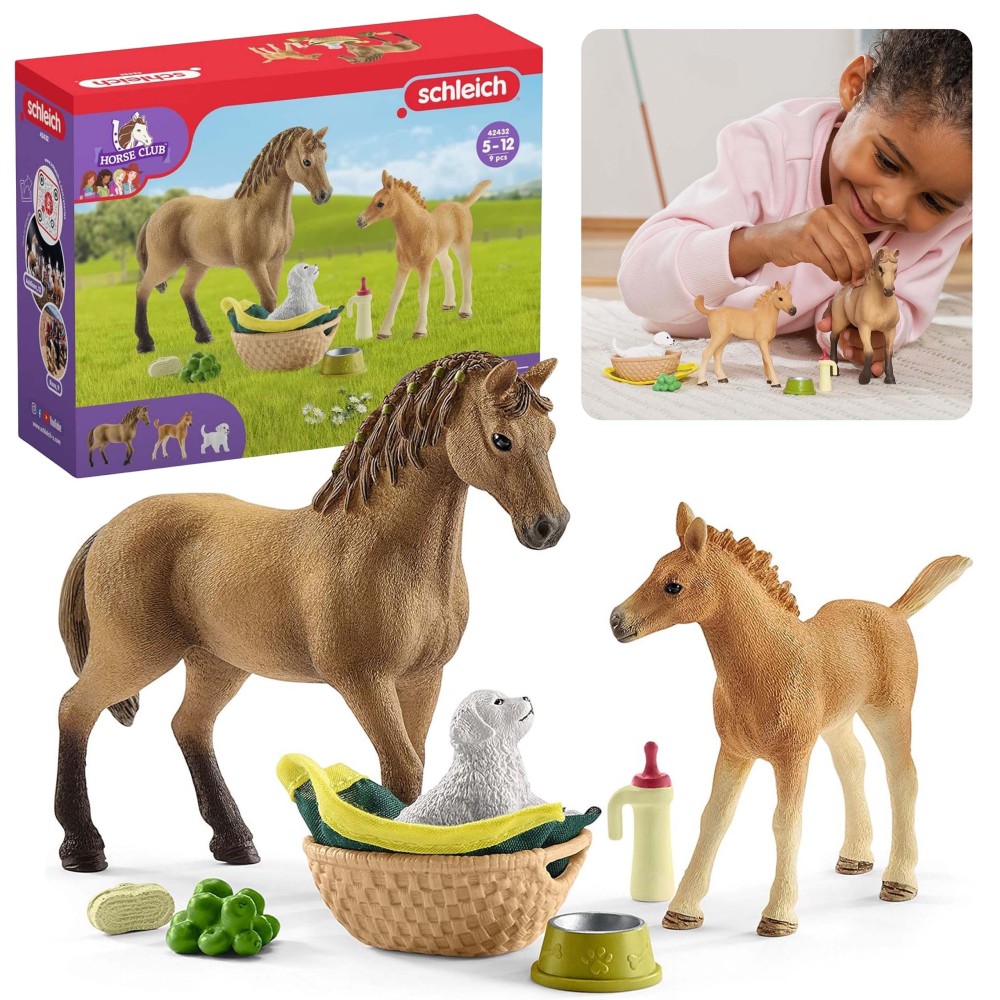 SLH42432 Schleich Horse Club - Zestaw Pielęgnacyjny Klacz Quarter Horse i źrebię, figurki dla dzieci 5+