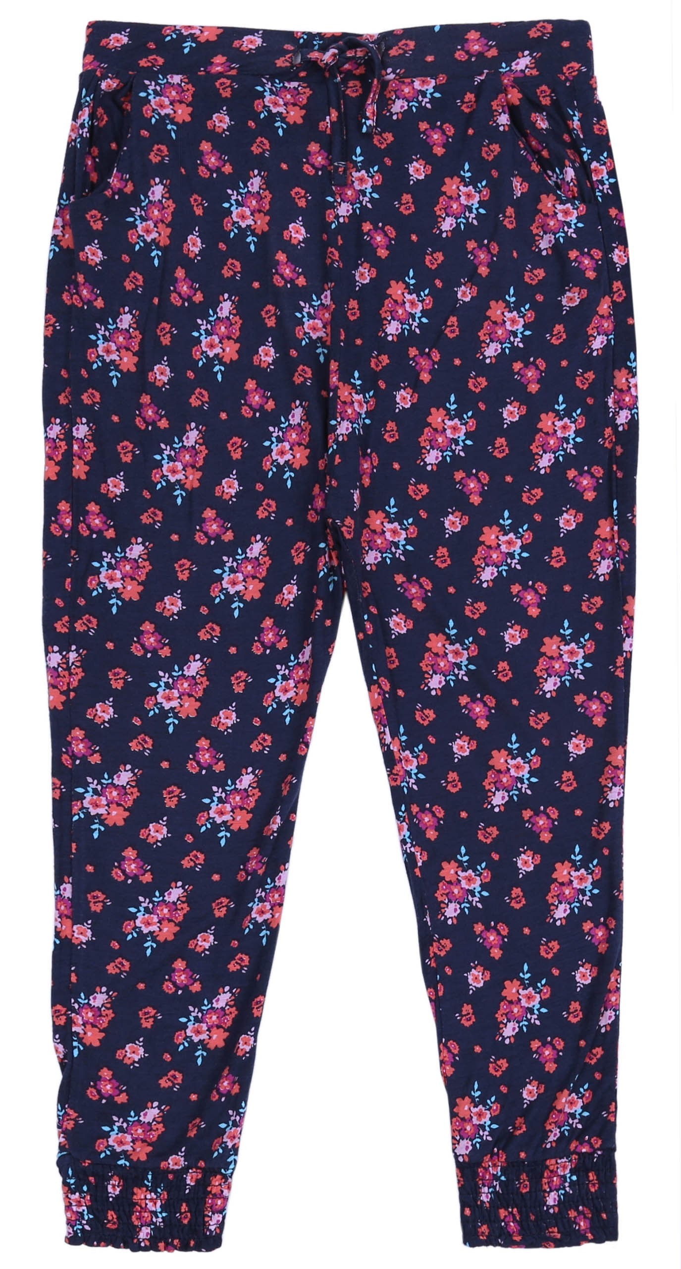 Granatowe spodnie w kwiatki.